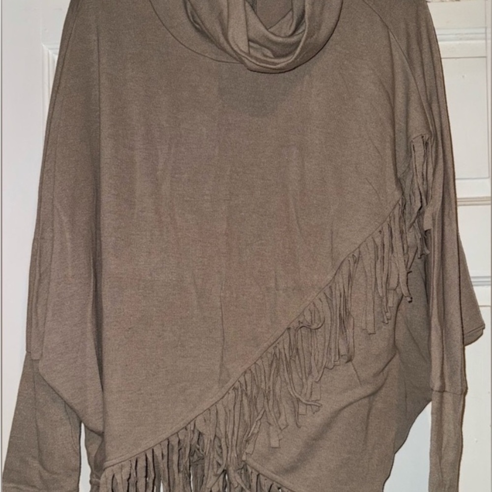 Grace Elements Tan Cowl Neck Sweater with Fringe